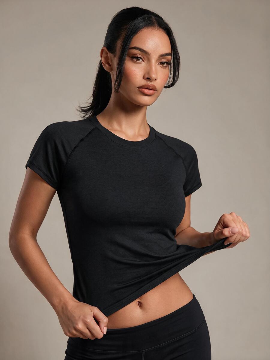 Costa Lumi Women's Simple Versatile Round Neck Short Sleeve Casual Athleisure Sports T-Shirt Gym Black Summer - Midnight Black - View 1