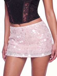 SHEIN ICON Silver Low Rise Sequin Decor Bodycon Mini Skirt - Pink - View 3