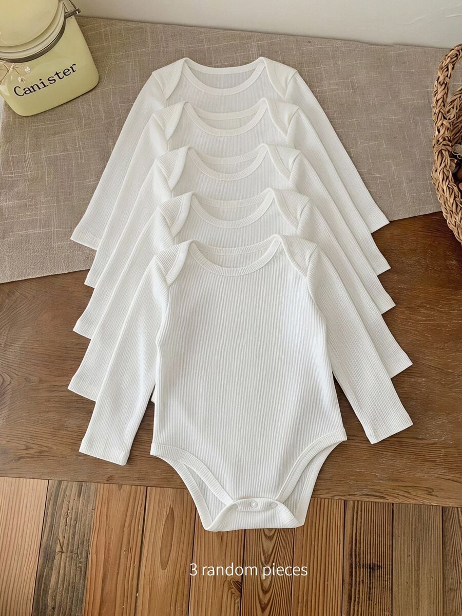 SHEIN Kids Newborn Knitted Solid Color Fitted Casual White Autumn Romper 3pcs Pieces Set,Long-Sleeved Baby - White - View 1