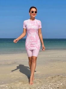 Swim Mulvari 新款夏季女款圓領短袖修身洋裝 + 百慕達短褲休閒度假布基尼套裝 - 粉色 - 查看 3
