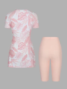 Swim Mulvari 新款夏季女款圓領短袖修身洋裝 + 百慕達短褲休閒度假布基尼套裝 - 粉色 - 查看 7