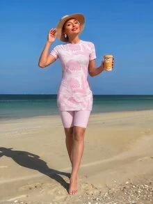 Swim Mulvari 新款夏季女款圓領短袖修身洋裝 + 百慕達短褲休閒度假布基尼套裝 - 粉色 - 查看 4
