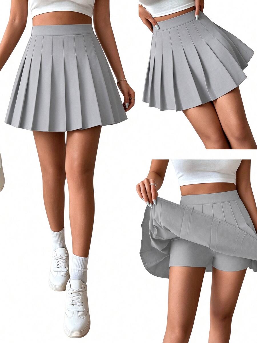SHEIN 青少年女孩秋季服飾 優雅可愛休閒 百褶高腰裙褲 2合1 秋季百搭單品 舞會畢業典禮校園正式穿搭 白色 - 灰色 - 查看 1