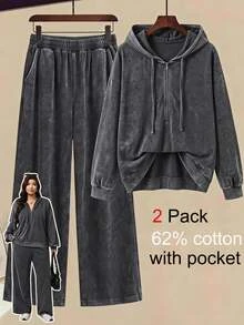 SHEIN LUNE Plus Size Women Solid Color Drawstring Hooded Top And Pants Casual 80s Kawaii Daily 2 Pieces Set Fall Lounge Vacation Grey - Dark Grey - View 10