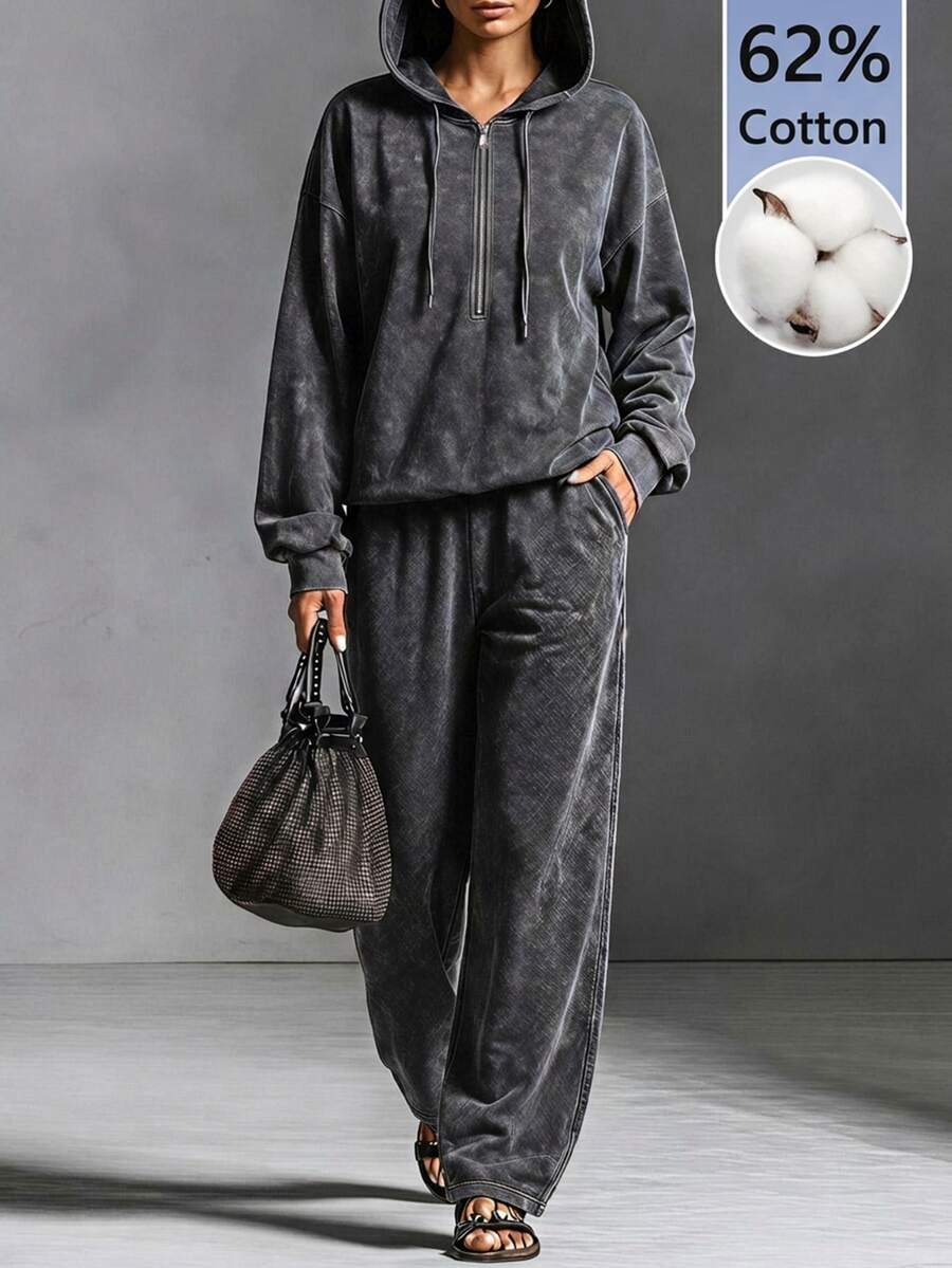SHEIN LUNE Plus Size Women Solid Color Drawstring Hooded Top And Pants Casual 80s Kawaii Daily 2 Pieces Set Fall Lounge Vacation Grey - Dark Grey - View 1