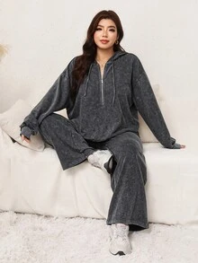 SHEIN LUNE Plus Size Women Solid Color Drawstring Hooded Top And Pants Casual 80s Kawaii Daily 2 Pieces Set Fall Lounge Vacation Grey - Dark Grey - View 8