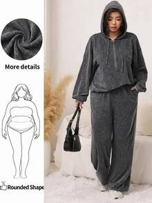 SHEIN LUNE Plus Size Women Solid Color Drawstring Hooded Top And Pants Casual 80s Kawaii Daily 2 Pieces Set Fall Lounge Vacation Grey - Dark Grey - View 12