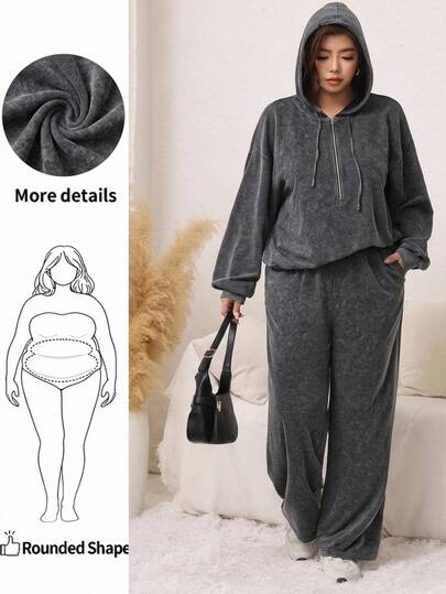SHEIN LUNE Plus Size Women Solid Color Drawstring Hooded Top And Pants Casual 80s Kawaii Daily 2 Pieces Set Fall Lounge Vacation Grey