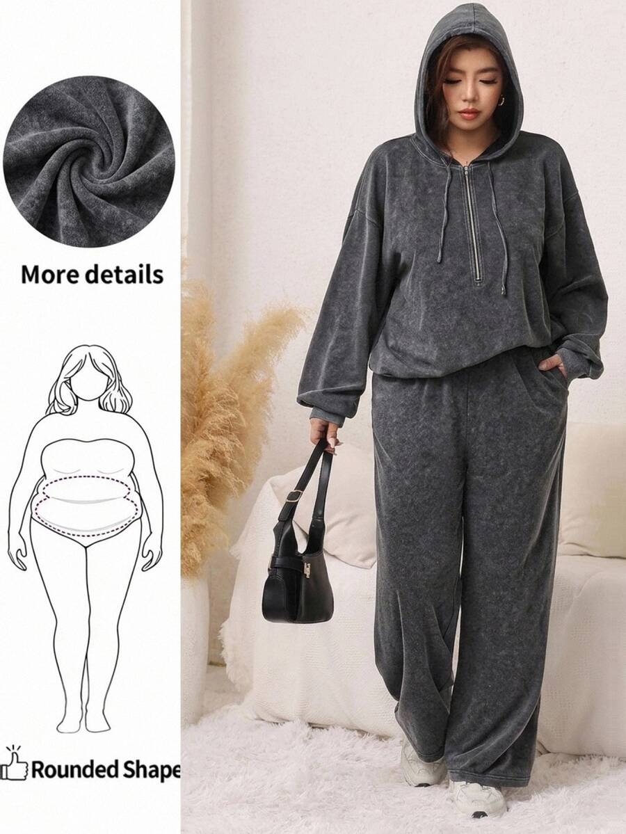 SHEIN LUNE 大尺碼女款純色抽繩連帽上衣與長褲休閒套裝 80年代可愛風 日常穿搭 2件套 秋季居家度假灰色 - 深灰色 - 查看 1