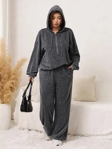 SHEIN LUNE Plus Size Women Solid Color Drawstring Hooded Top And Pants Casual 80s Kawaii Daily 2 Pieces Set Fall Lounge Vacation Grey - Dark Grey - View 6