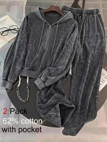 SHEIN LUNE Plus Size Women Solid Color Drawstring Hooded Top And Pants Casual 80s Kawaii Daily 2 Pieces Set Fall Lounge Vacation Grey - Dark Grey - View 11