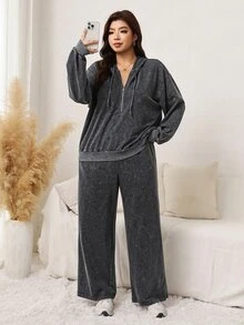 SHEIN LUNE Plus Size Women Solid Color Drawstring Hooded Top And Pants Casual 80s Kawaii Daily 2 Pieces Set Fall Lounge Vacation Grey - Dark Grey - View 3
