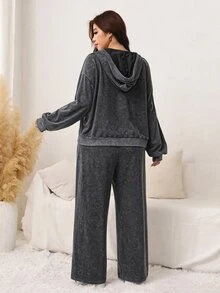SHEIN LUNE Plus Size Women Solid Color Drawstring Hooded Top And Pants Casual 80s Kawaii Daily 2 Pieces Set Fall Lounge Vacation Grey - Dark Grey - View 2