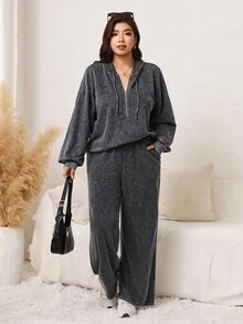 SHEIN LUNE Plus Size Women Solid Color Drawstring Hooded Top And Pants Casual 80s Kawaii Daily 2 Pieces Set Fall Lounge Vacation Grey - Dark Grey - View 5
