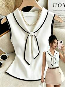 SHEIN An Elegant Short-SleevedT-Shirt For Summer Rperfect For July Festivities Featuring Collar And Black Trim On A White Base;Suitable For All Seasons - White - View 5