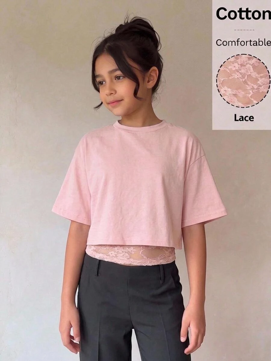 Firerie Kids Firerie Kids Kids Tween Girl Fashion Autumn Summer Back To School Casual 2-In-1 Design Black Lace Patchwork 2 In 1 Short Sleeve T-Shirt Summer Y2K - Pink - View 1