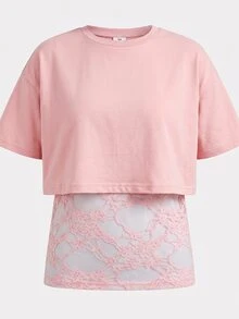 Firerie Kids Firerie Kids Kids Tween Girl Fashion Autumn Summer Back To School Casual 2-In-1 Design Black Lace Patchwork 2 In 1 Short Sleeve T-Shirt Summer Y2K - Pink - View 4