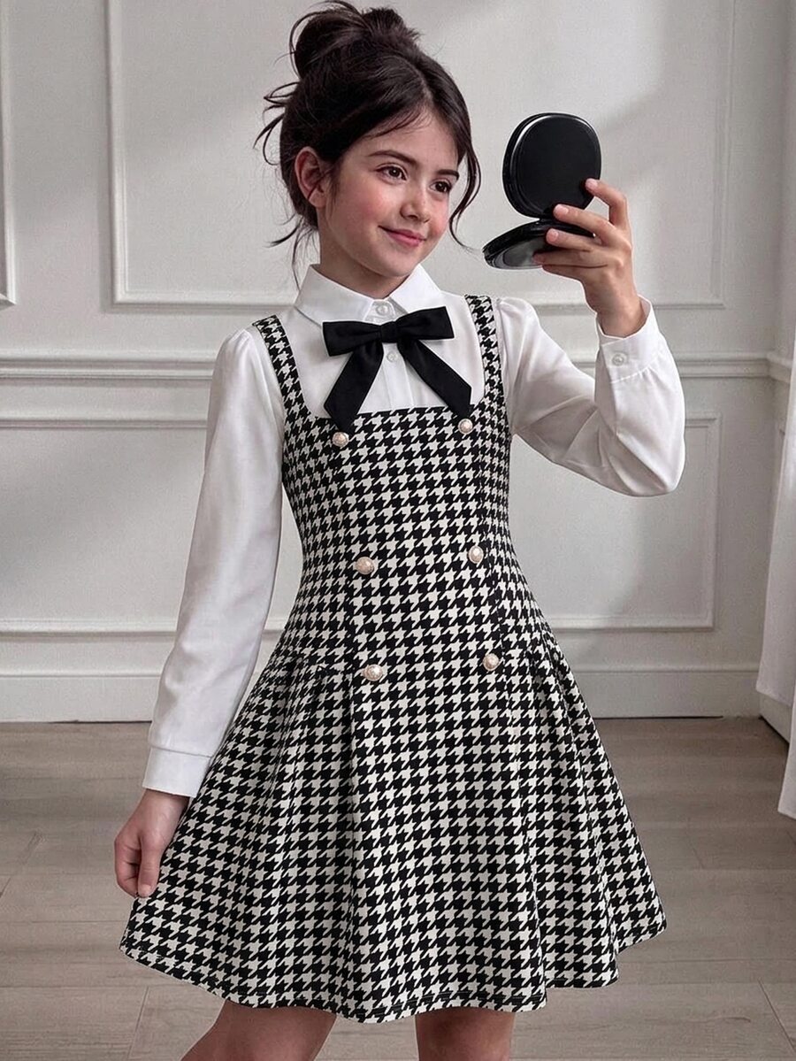 SHEIN Tween女孩秋冬優雅千鳥格拼接A字洋裝,附蝴蝶結與泡泡袖,可愛學院風假兩件式中長洋裝 - 黑色 - 查看 1