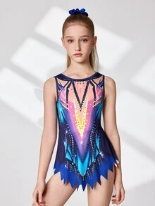 Tween Girls Gymnastics Leotard, Navy Blue Professional Artistic Graphic Athletic Hip Hop Dancewear, Fall Colorful Pattern, High Stretch Dance Outfit - Blue - View 5