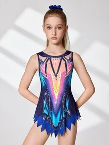 Tween Girls Gymnastics Leotard, Navy Blue Professional Artistic Graphic Athletic Hip Hop Dancewear, Fall Colorful Pattern, High Stretch Dance Outfit - Blue - View 4
