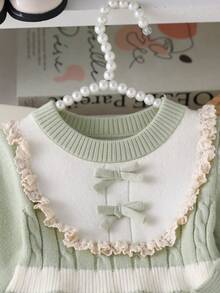 SHEIN 女嬰針織圓領毛衣洋裝，附蝴蝶結，粉色格紋蕾絲法式公主風，仙氣可愛家庭套裝生日派對穿搭 - 綠色 - 查看 7