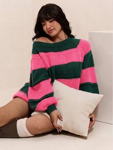 CovetEZ Autumn/Winter Halloween Rose Red & Green Colorblock Striped Casual Plus Size Pullover Sweater - Vacation Home Wear, Blending 1920s Traditional Style - Green - View 1