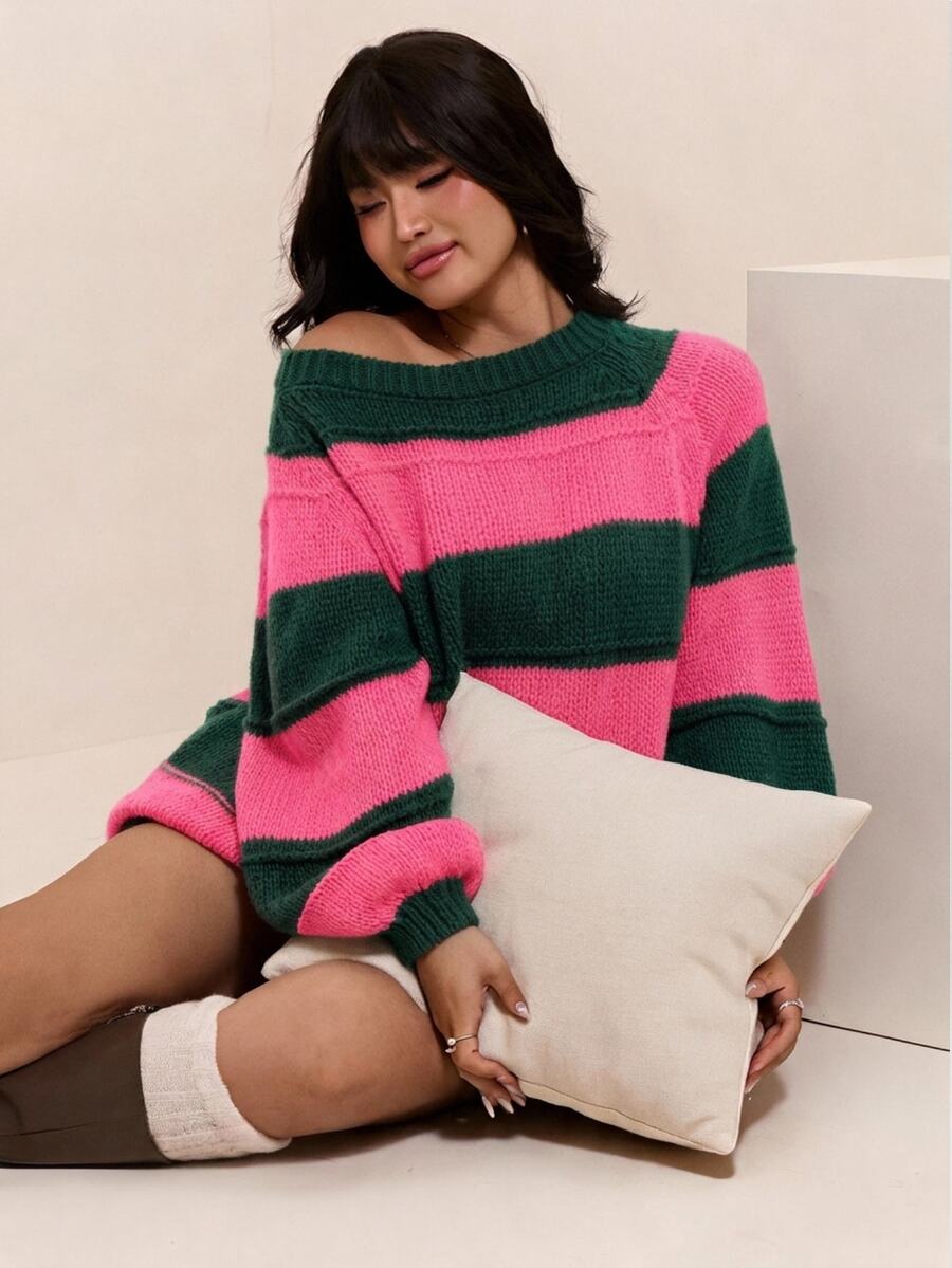 CovetEZ Autumn/Winter Halloween Rose Red & Green Colorblock Striped Casual Plus Size Pullover Sweater - Vacation Home Wear, Blending 1920s Traditional Style - Green - View 1
