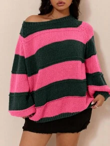 CovetEZ Autumn/Winter Halloween Rose Red & Green Colorblock Striped Casual Plus Size Pullover Sweater - Vacation Home Wear, Blending 1920s Traditional Style - Green - View 9