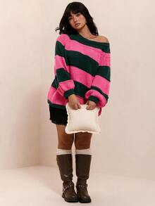 CovetEZ Autumn/Winter Halloween Rose Red & Green Colorblock Striped Casual Plus Size Pullover Sweater - Vacation Home Wear, Blending 1920s Traditional Style - Green - View 7