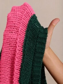 CovetEZ Autumn/Winter Halloween Rose Red & Green Colorblock Striped Casual Plus Size Pullover Sweater - Vacation Home Wear, Blending 1920s Traditional Style - Green - View 10