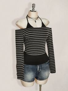 SHEIN ICON Plus Size Retro Y2K Halter Neck 2 In 1 Patchwork Long Sleeve Striped Knit Top, Halterneck Halter Neck 2 In 1 Long Sleeve Top Fall - Black - View 5