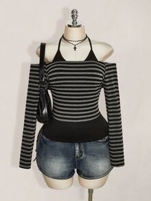 SHEIN ICON Plus Size Retro Y2K Halter Neck 2 In 1 Patchwork Long Sleeve Striped Knit Top, Halterneck Halter Neck 2 In 1 Long Sleeve Top Fall - Black - View 2