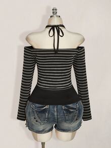 SHEIN ICON Plus Size Retro Y2K Halter Neck 2 In 1 Patchwork Long Sleeve Striped Knit Top, Halterneck Halter Neck 2 In 1 Long Sleeve Top Fall - Black - View 9