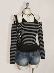 SHEIN ICON Plus Size Retro Y2K Halter Neck 2 In 1 Patchwork Long Sleeve Striped Knit Top, Halterneck Halter Neck 2 In 1 Long Sleeve Top Fall - Black - View 4