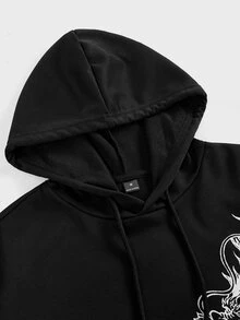 Manfinity BRENVOR Herr hoodie med drakprint, dragsko, avslappnad stickad långärmad - Svart - Visa 6