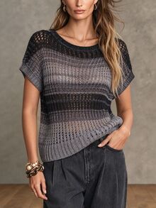 GlowEve Women's Casual Versatile Colorblock Knit Top For Daily Wear Brunch Everyday Travel Grey Summer City Break - Black - View 1