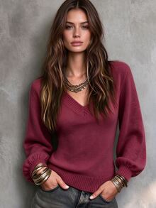 Trelyra Women's Deep V-Neck Lantern Sleeve Burgundy Casual Elegant Sweater Brunch Fall - Burgundy - View 1