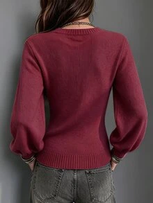 Trelyra Women's Deep V-Neck Lantern Sleeve Burgundy Casual Elegant Sweater Brunch Fall - Burgundy - View 2