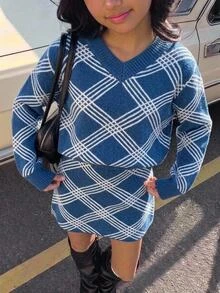 SHEIN 女童格紋針織套裝，V領套頭毛衣搭配中長裙，2件式時尚休閒秋冬穿搭，拼色菱格針織套裝 - 藏蓝色 - 查看 9