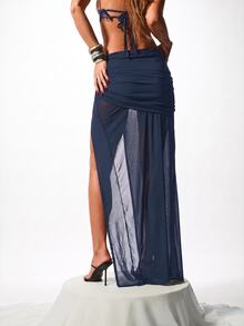 KIZN Ruched High Slit Maxi Skirt With Mesh Overlay And Wrap Waistband For Evening Night Out - Navy Blue - View 2