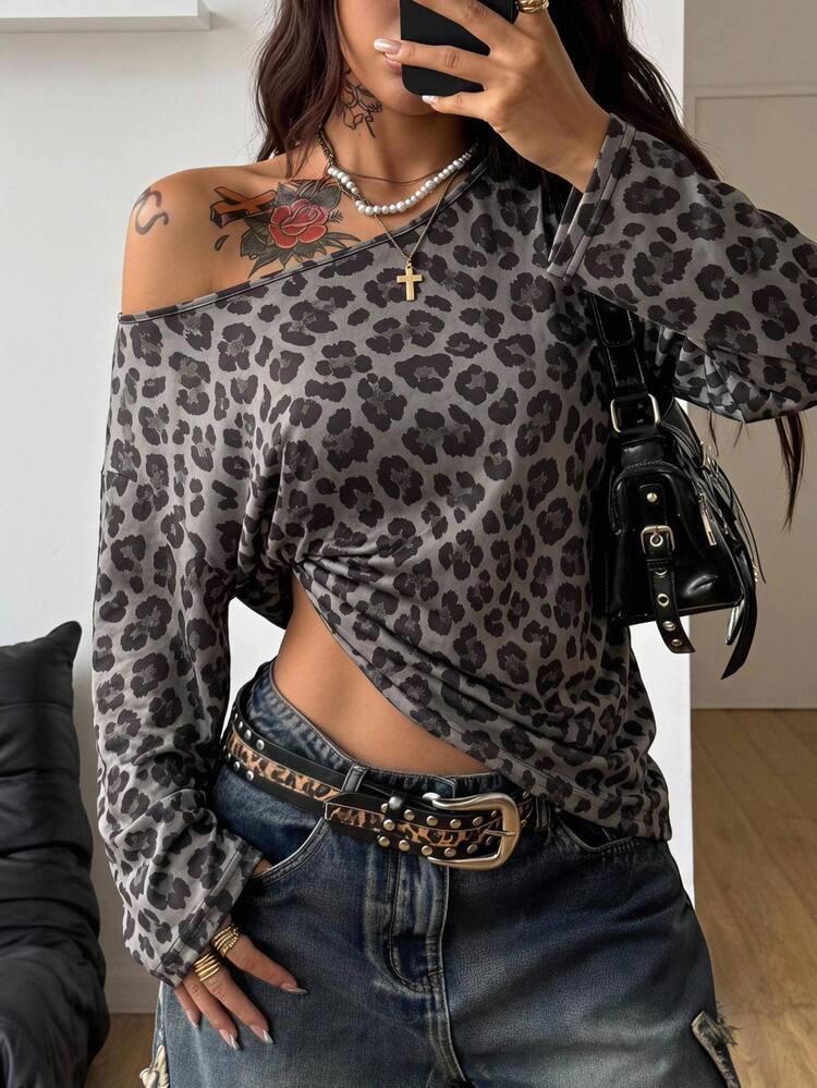 Coolane Women's Plus Size Fall Winter Elegant Streetwear Going Out Y2K Casual Oversize Asymmetrical Neck Long Sleeve Grey Leopard Print T-Shirt Christmas - Multicolor - View 1