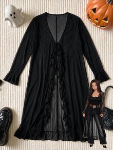 Comfortcana Mantel Panjang Ringan Ukuran Besar untuk Musim Panas Halloween, Bahan Jala Transparan Hitam dengan Hiasan Ruffle di Bagian Bawah dan Ikat Pinggang, Gaya Formal Malam Hari, Gaya Gotik Elegan - Hitam - View 4