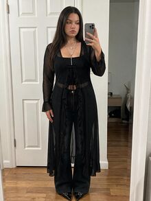 Comfortcana Mantel Panjang Ringan Ukuran Besar untuk Musim Panas Halloween, Bahan Jala Transparan Hitam dengan Hiasan Ruffle di Bagian Bawah dan Ikat Pinggang, Gaya Formal Malam Hari, Gaya Gotik Elegan - Hitam - View 5