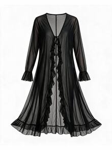 Comfortcana Mantel Panjang Ringan Ukuran Besar untuk Musim Panas Halloween, Bahan Jala Transparan Hitam dengan Hiasan Ruffle di Bagian Bawah dan Ikat Pinggang, Gaya Formal Malam Hari, Gaya Gotik Elegan - Hitam - View 10