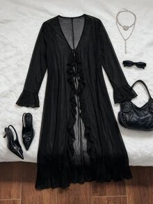 Comfortcana Mantel Panjang Ringan Ukuran Besar untuk Musim Panas Halloween, Bahan Jala Transparan Hitam dengan Hiasan Ruffle di Bagian Bawah dan Ikat Pinggang, Gaya Formal Malam Hari, Gaya Gotik Elegan - Hitam - View 6