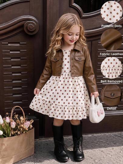 SHEIN Young Girls 4-8Y 2pcs Sweet Cool Chic PU Jacket & Polka Dot Tiered Cami Dress Set Fall Winter New In For Birthday Party School Holiday Outing