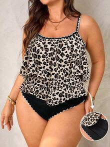 SHEIN Swim Curve 2pcs Plus Size Women Beige Black Spaghetti Strap Double Ruffle Trim Top High Waist Ruffle Trim Pants Set Summer Beach Vacation Holiday Sexy Tropical - Multicolor - View 1
