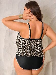 SHEIN Swim Curve 2pcs Plus Size Women Beige Black Spaghetti Strap Double Ruffle Trim Top High Waist Ruffle Trim Pants Set Summer Beach Vacation Holiday Sexy Tropical - Multicolor - View 2