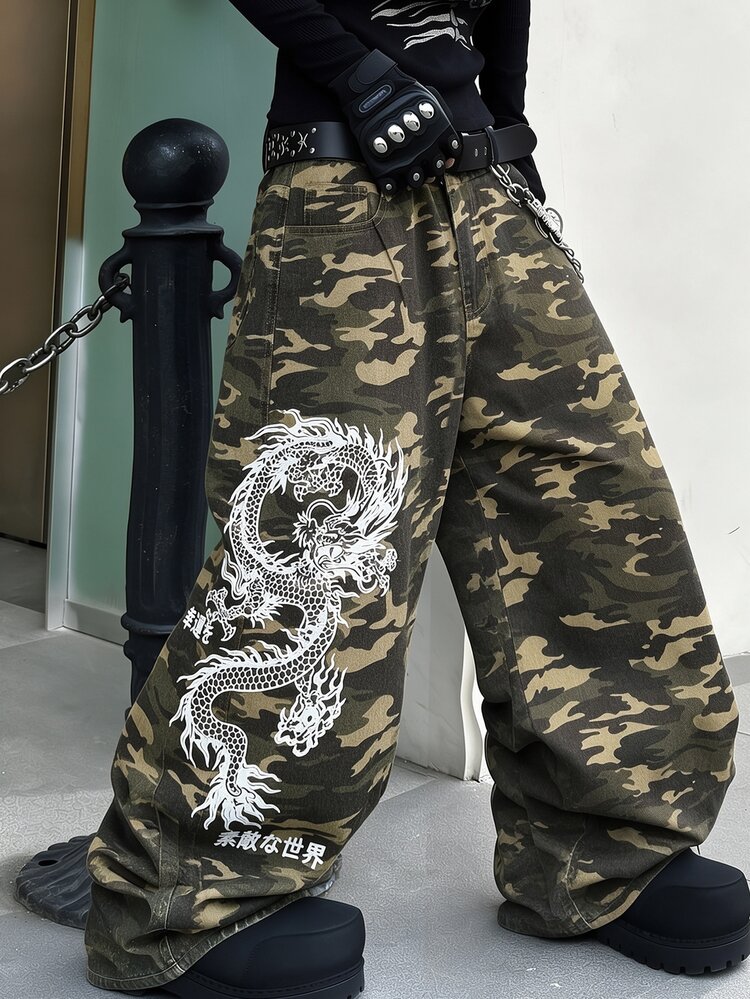 RivetRise Men Dragon Graphic Print Camo Baggy Jeans Y2K HipHop Wide Leg Camouflage Denim Pants Streetwear Trousers Vacation Beach Dark Green Autumn - Army Green - View 5