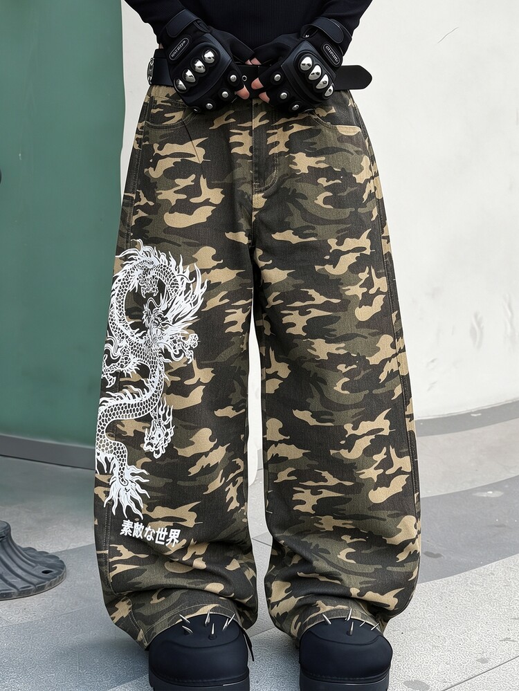 RivetRise Men Dragon Graphic Print Camo Baggy Jeans Y2K HipHop Wide Leg Camouflage Denim Pants Streetwear Trousers Vacation Beach Dark Green Autumn - Army Green - View 4